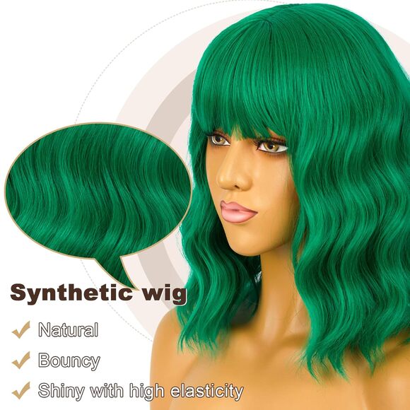 Women Green Loose Wavy Wig Curly Wavy Shoulder Length Bob - Picture 2 of 3